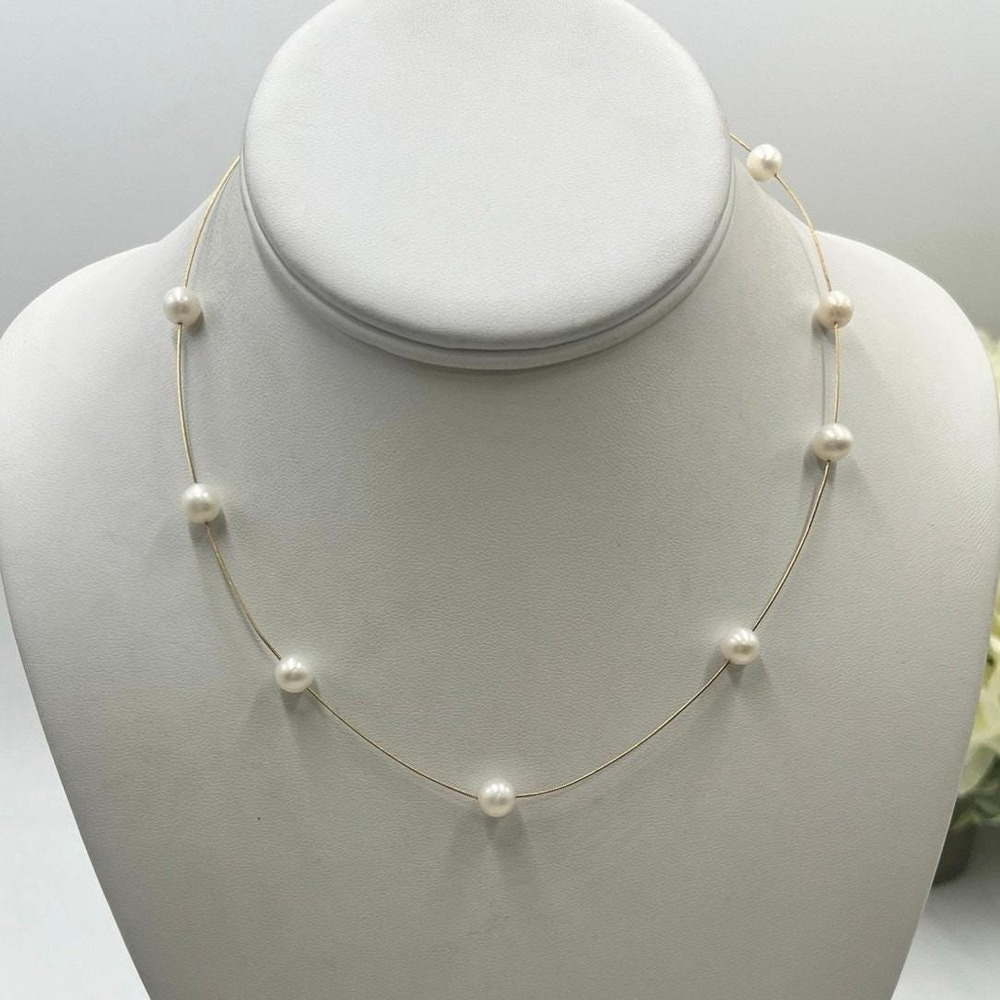 JCR 14K‎ Yellow Gold Snake Chain Designer Station Floating White Pearl Necklace